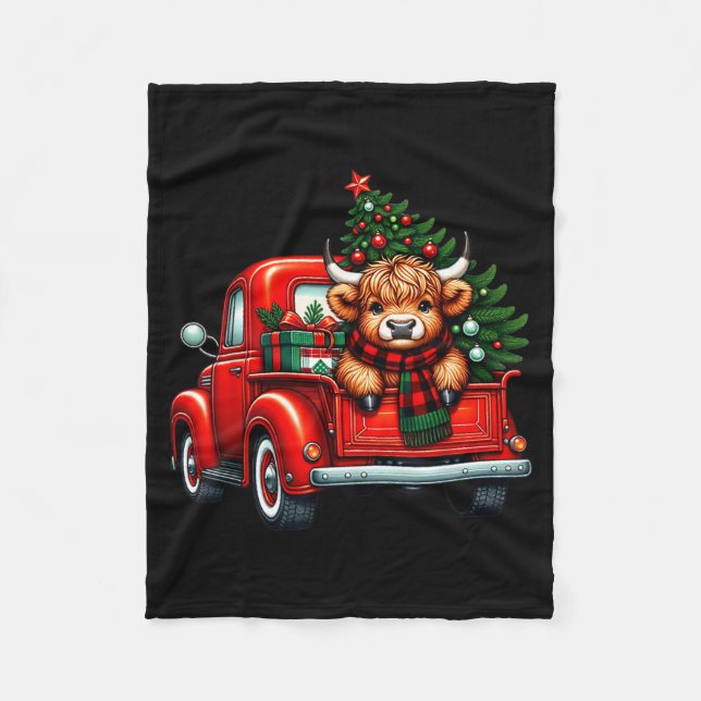 Highland Cow In Truck Farm Farmer Christmas Cow Ca Fleecefilt (Framsidan)