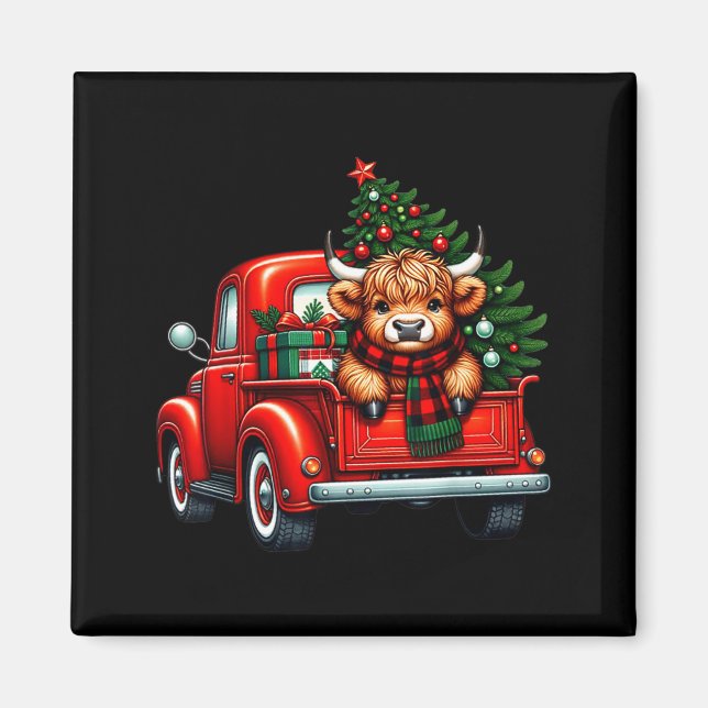 Highland Cow In Truck Farm Farmer Christmas Cow Ca Magnet (Framsidan)