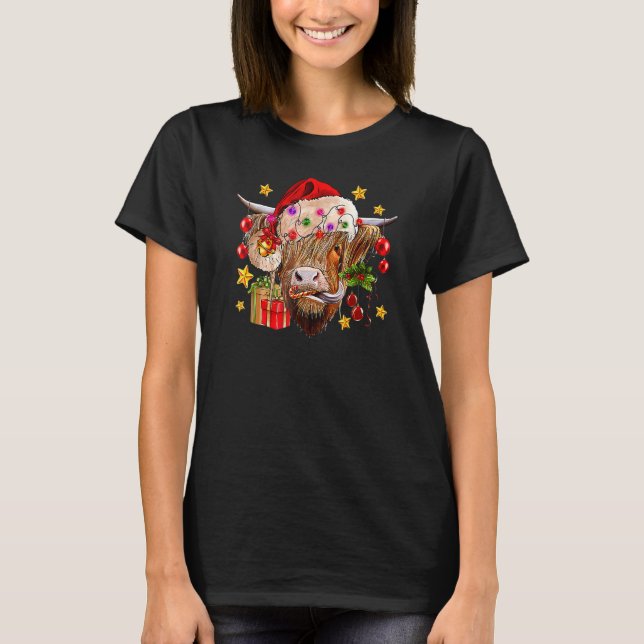 Highland Cow Joy Santa Hat Christmas Lights Wester T Shirt (Framsida)