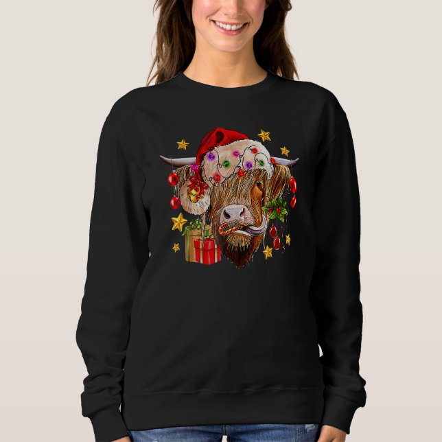 Highland Cow Joy Santa Hat Christmas Lights Wester T Shirt (Framsida)