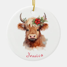 Highland Cow jultomten Hat Personlig Namn Julgransprydnad Keramik