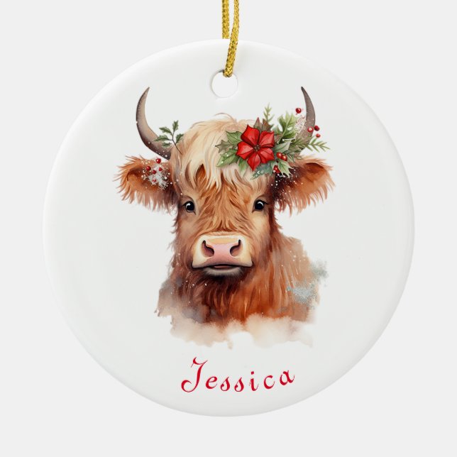Highland Cow jultomten Hat Personlig Namn Julgransprydnad Keramik (Framsidan)