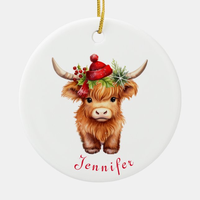 Highland Cow-jultomten Hat-Personligen Julgransprydnad Keramik (Framsidan)