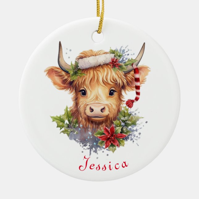 Highland Cow-jultomten Hat-Personligen Julgransprydnad Keramik (Framsidan)