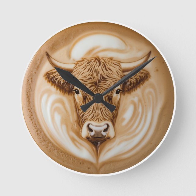 Highland Cow Latte Art Rund Väggklocka | Sällsam (Framsida)