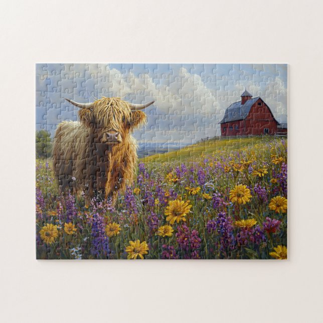 Highland Cow Lila Gult Wildblommor Pussel (Horisontell)
