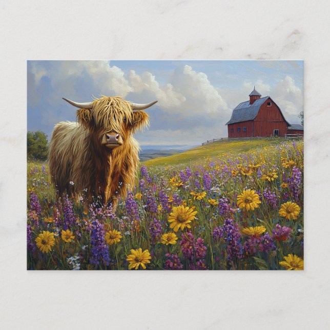 Highland Cow Lila Gult Wildblommor Vykort (Framsida)