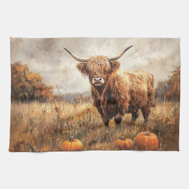 Highland Cow med Pumpkins Kökshandduk (Horisontell)
