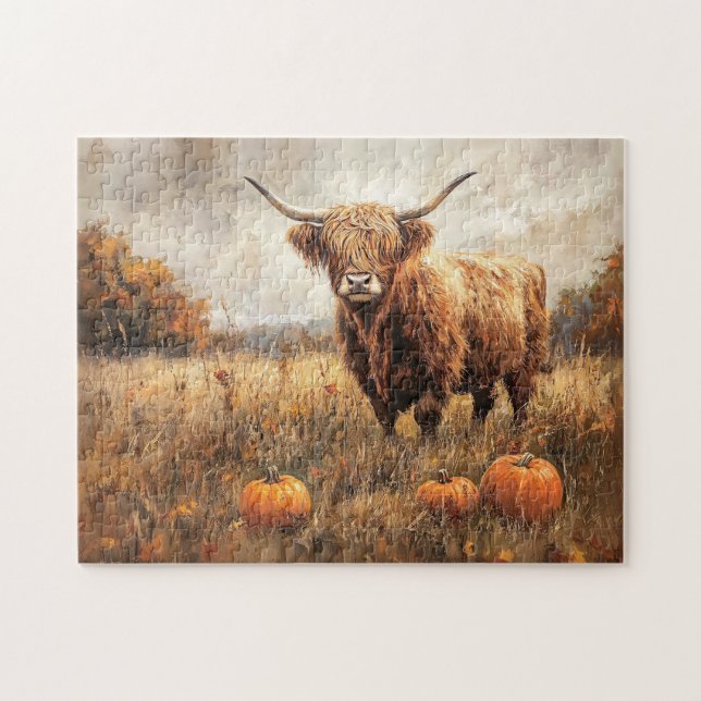 Highland Cow med Pumpkins Pussel (Horisontell)