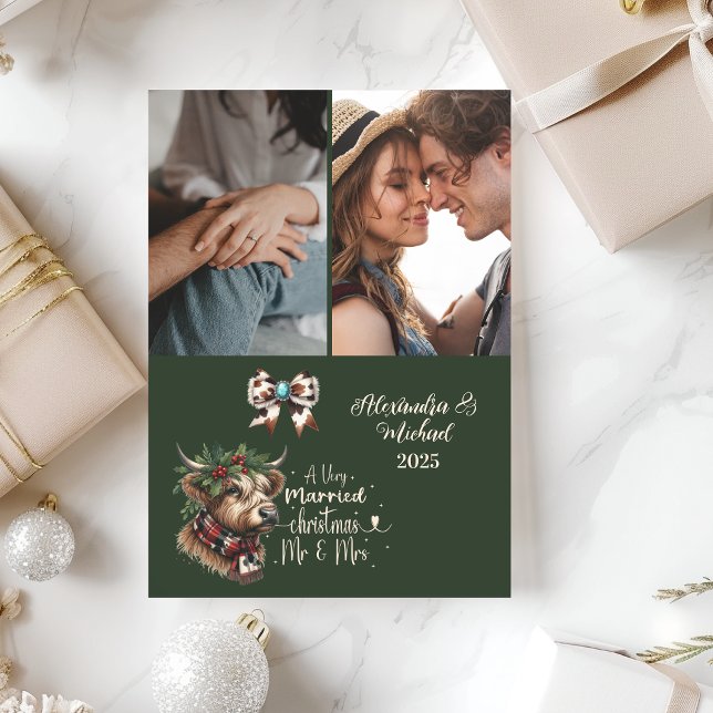 Highland Cow Merry Christmas Mrs and Mr 2 Photo  Julkort (Skapare uppladdad)