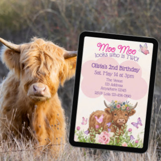 Highland Cow Moo Moo Two 2nd Birthday Inbjudningar