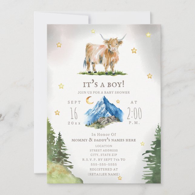 Highland Cow Moon Stars Mountain Baby Shower  Inbjudningar (Framsida)