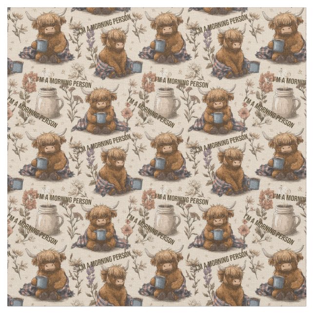 Highland Cow Morning Coffee Cozy Farmhouse Pattern Tyg (Närbild)