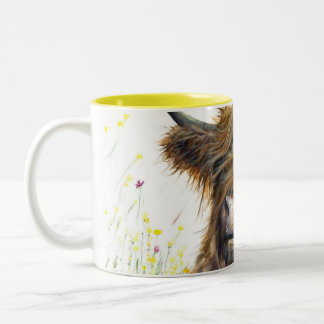Highland Cow Mugg, Scottish Cow med blommor, Alfi Två-Tonad Mugg