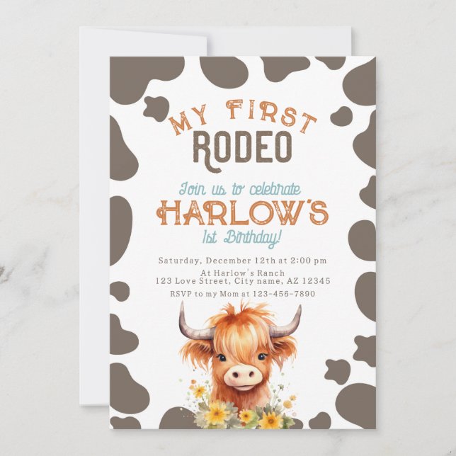 Highland Cow My First Rodeo 1st Birthday Inbjudningar (Framsida)