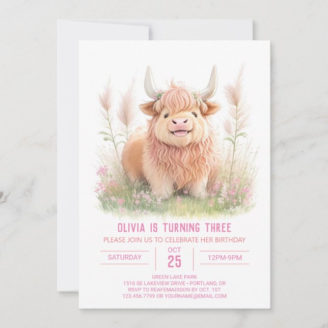 Highland Cow och Pampas Grass Girl Birthday Inbjudningar (Framsida)