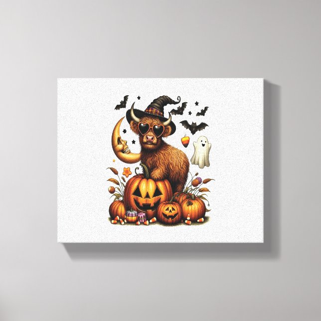 Highland Cow på Pumpkin Halloween Canvastryck (Framsida)