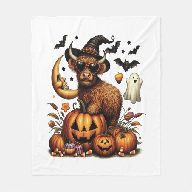 Highland Cow på Pumpkin Halloween Fleecefilt (Framsidan)