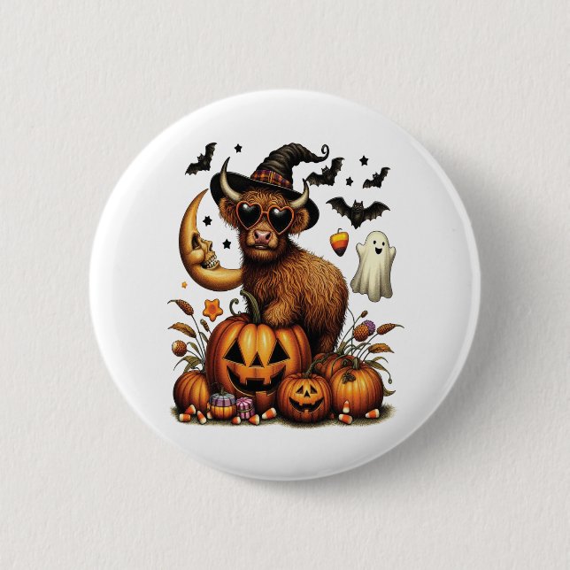 Highland Cow på Pumpkin Halloween Knapp (Framsida)