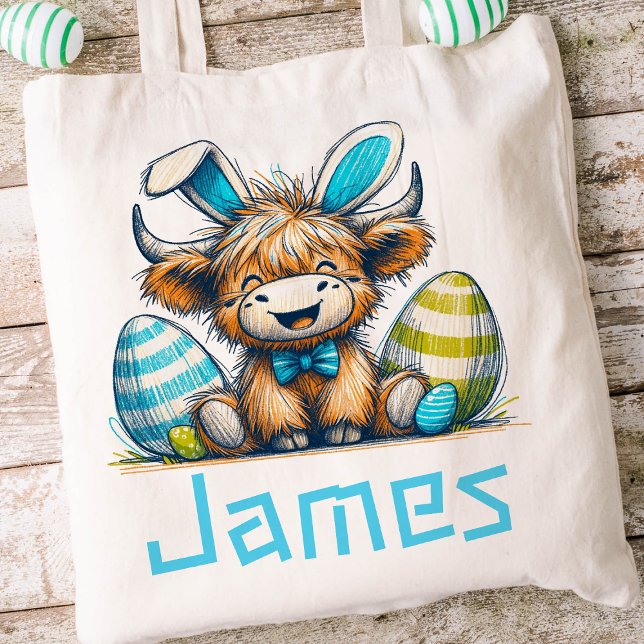 Highland Cow Påsk Kids Namn Boys Bunny Tygkasse (Boys Easter Tote)
