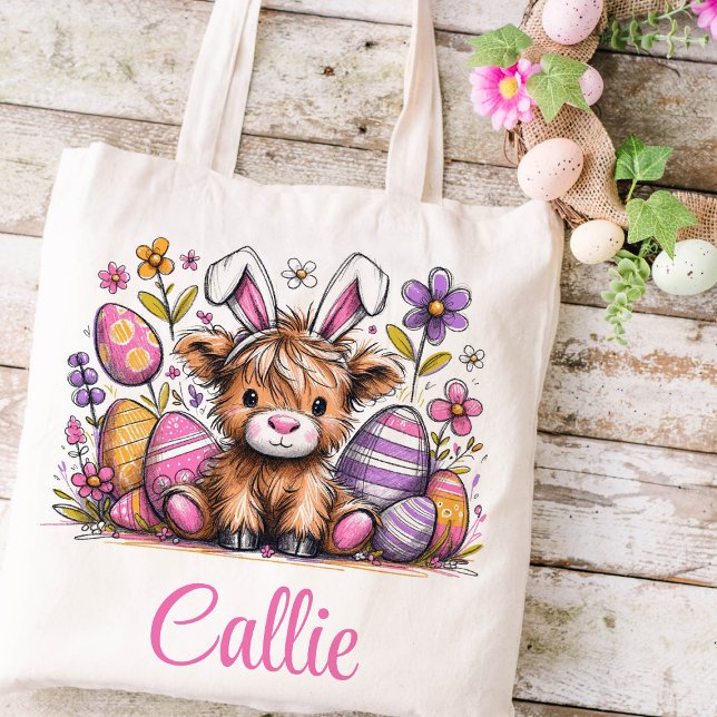 Highland Cow Påsk Kids Namn Girls Bunny Tygkasse (Highland Cow Girls Easter Tote)