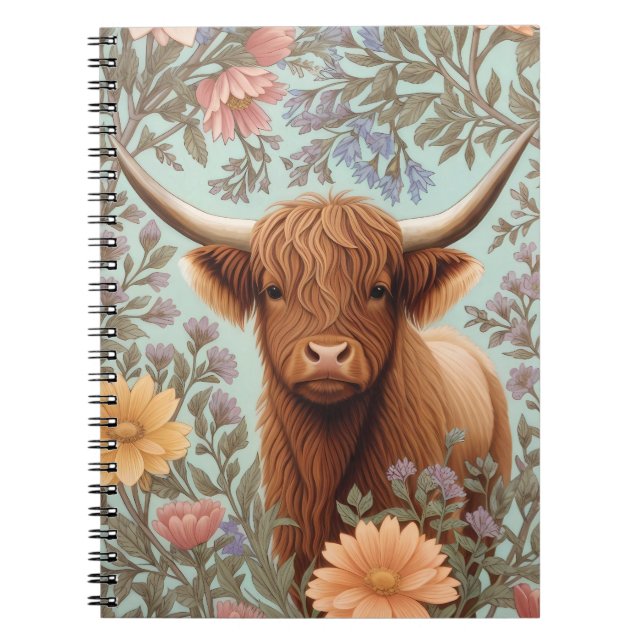 Highland Cow Pastel William Morris Inspired Floral Anteckningsbok (Framsidan)