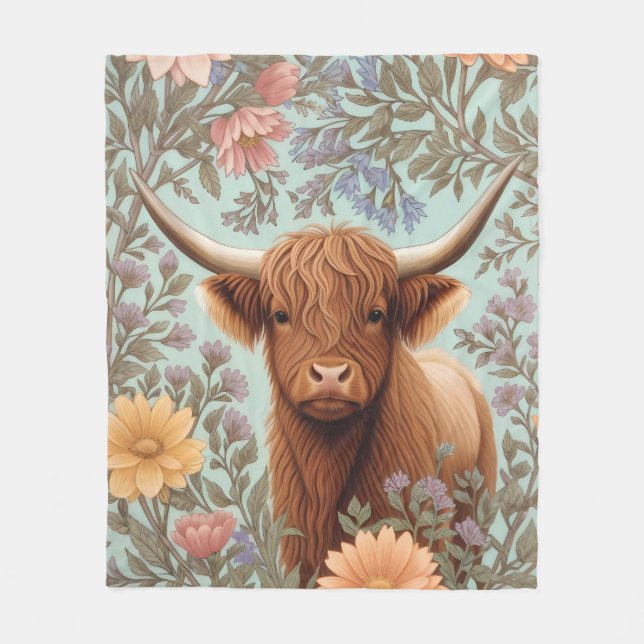 Highland Cow Pastel William Morris Inspired Floral Fleecefilt (Framsidan)