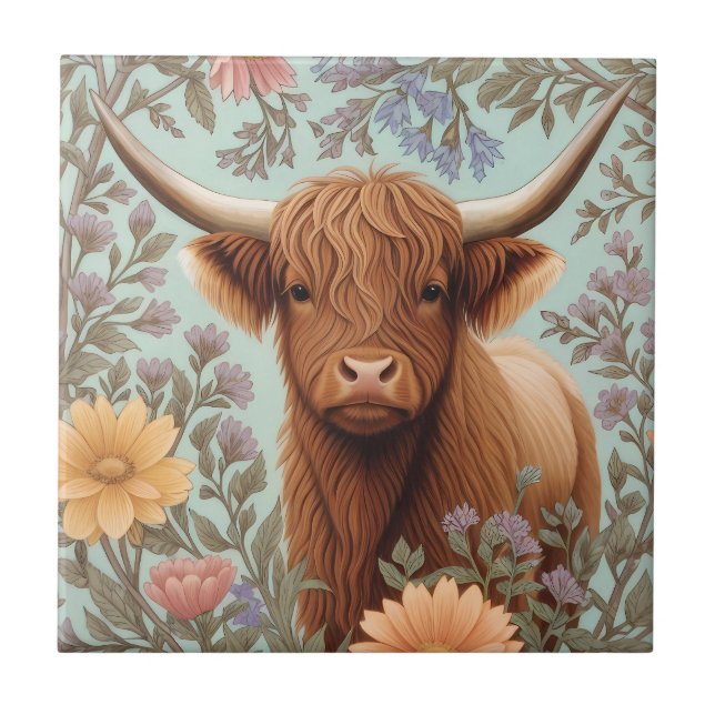Highland Cow Pastel William Morris Inspired Floral Kakelplatta (Framsidan)