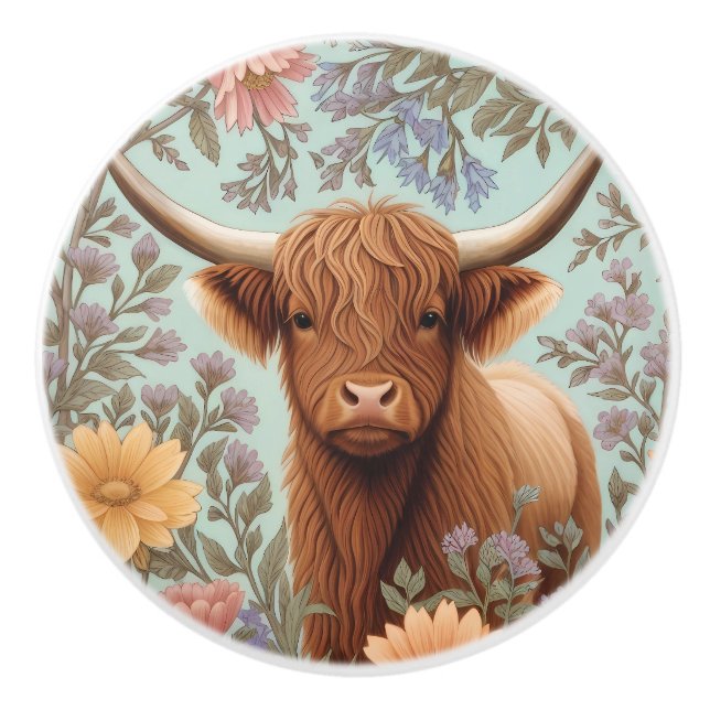 Highland Cow Pastel William Morris Inspired Floral Knopp (Framsidan)