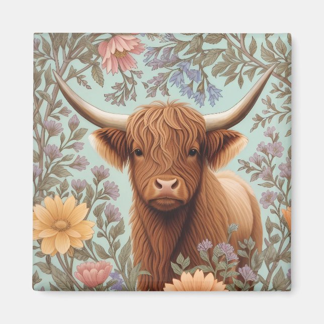 Highland Cow Pastel William Morris Inspired Floral Magnet (Framsidan)