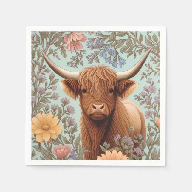 Highland Cow Pastel William Morris Inspired Floral Pappersservett (Framsidan)