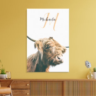 Highland cow portrait custom name initial monogram canvastryck