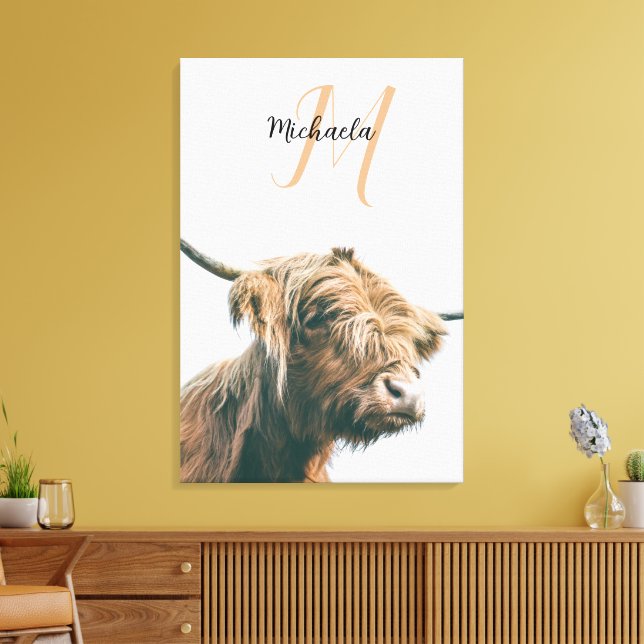 Highland cow portrait custom name initial monogram canvastryck (Insitu (Vardagsrum))
