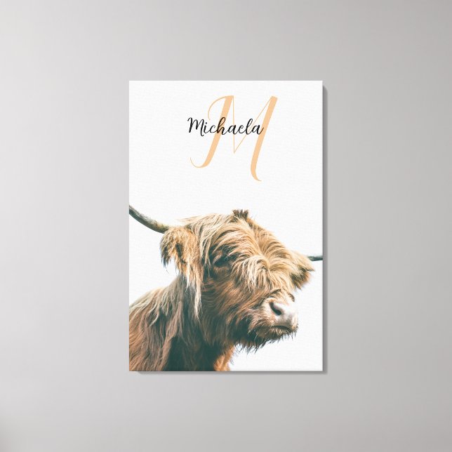 Highland cow portrait custom name initial monogram canvastryck (Framsida)