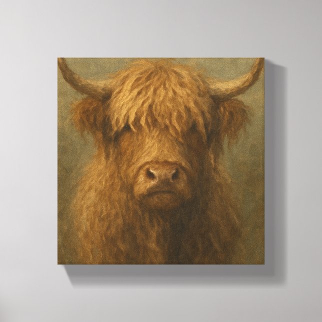 Highland Cow Porträtt - Rustic Farmhouse Animal Canvastryck (Framsida)