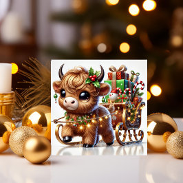 Highland Cow Pulling Santa's Sleigh Julkort