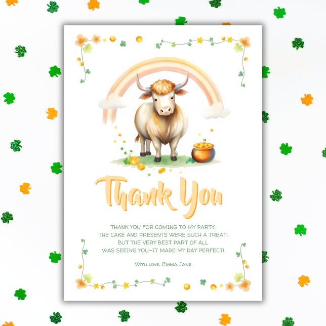 Highland Cow Rainbow St patricks day Birthday Tack Kort (Highland Cow Rainbow St. Patrick’s Day Birthday Thank You Card)