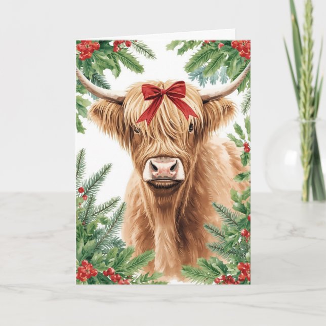 Highland Cow Red Bow Christmas  Helgkort (Framsida)
