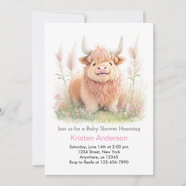 Highland Cow Rosa Äventyr Girl Baby Shower Inbjudningar (Framsida)