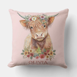 Highland Cow Rosa Blommigt Whimsical Cute Girly Kudde