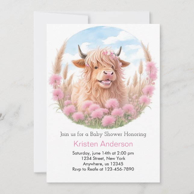 Highland Cow Rosa WildblomGirl Baby Shower Inbjudningar (Framsida)