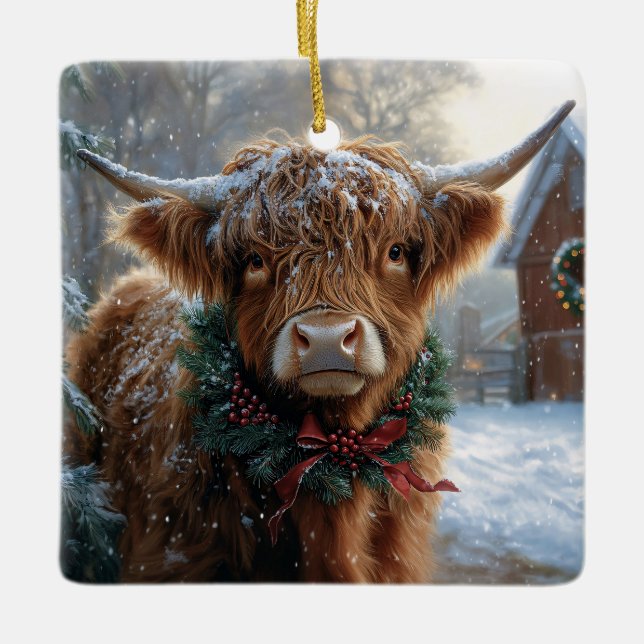 Highland Cow Rustic Barnyard jul Julgransprydnad Keramik (Framsida)