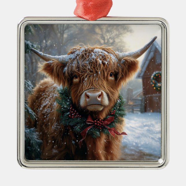 Highland Cow Rustic Barnyard jul Julgransprydnad Metall (Framsidan)