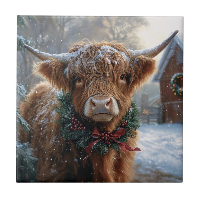 Highland Cow Rustic Barnyard jul Kakelplatta (Framsidan)