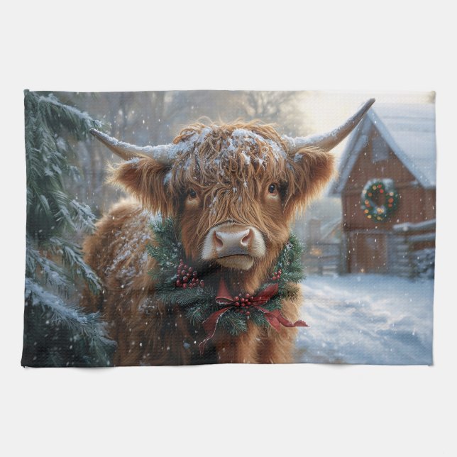 Highland Cow Rustic Barnyard jul Kökshandduk (Horisontell)
