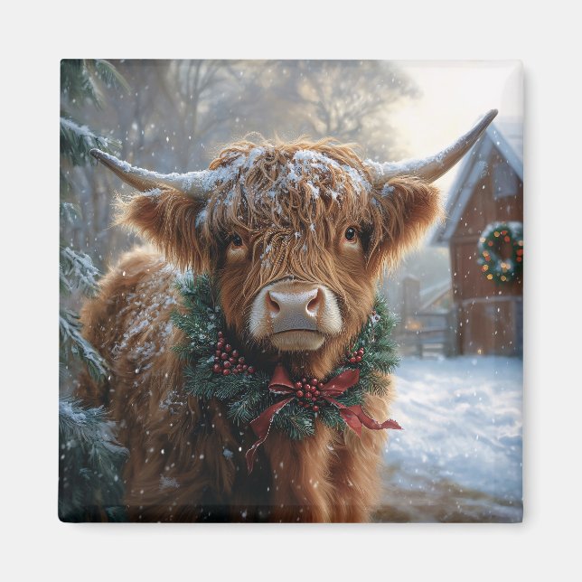 Highland Cow Rustic Barnyard jul Magnet (Framsidan)
