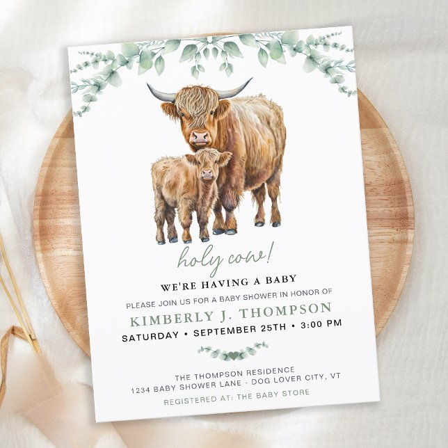 Highland Cow Sage Boho Greenery Baby Shower Inbjudan Vykort (Skapare uppladdad)