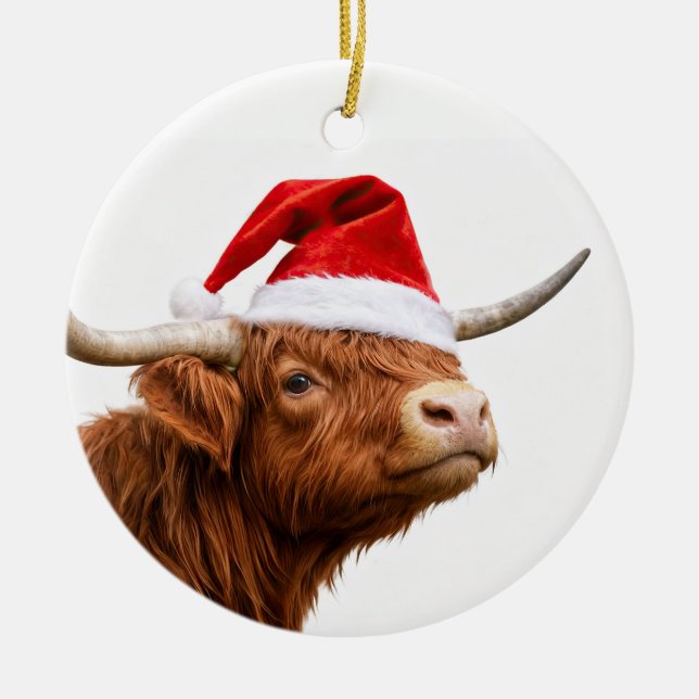 Highland Cow Santa Hat Cute Christmas Holiday Julgransprydnad Keramik (Framsidan)
