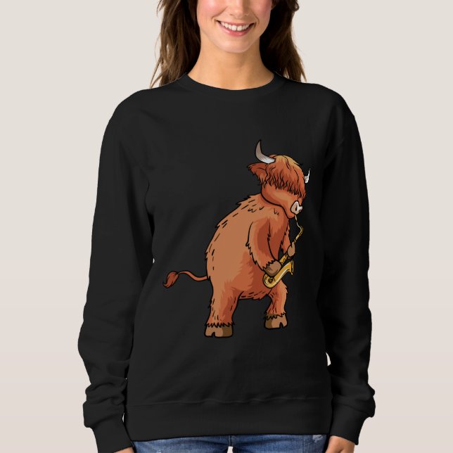 Highland Cow Saxophone Music T Shirt (Framsida)