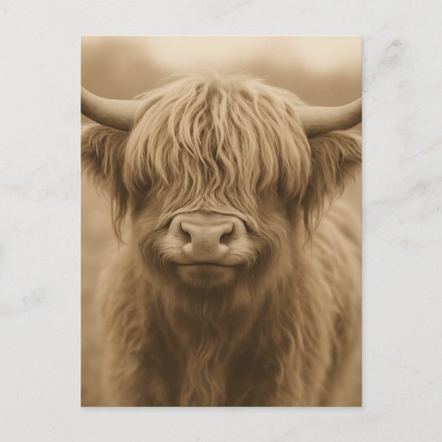 Highland Cow Sepia Portrait Vykort (Framsida)